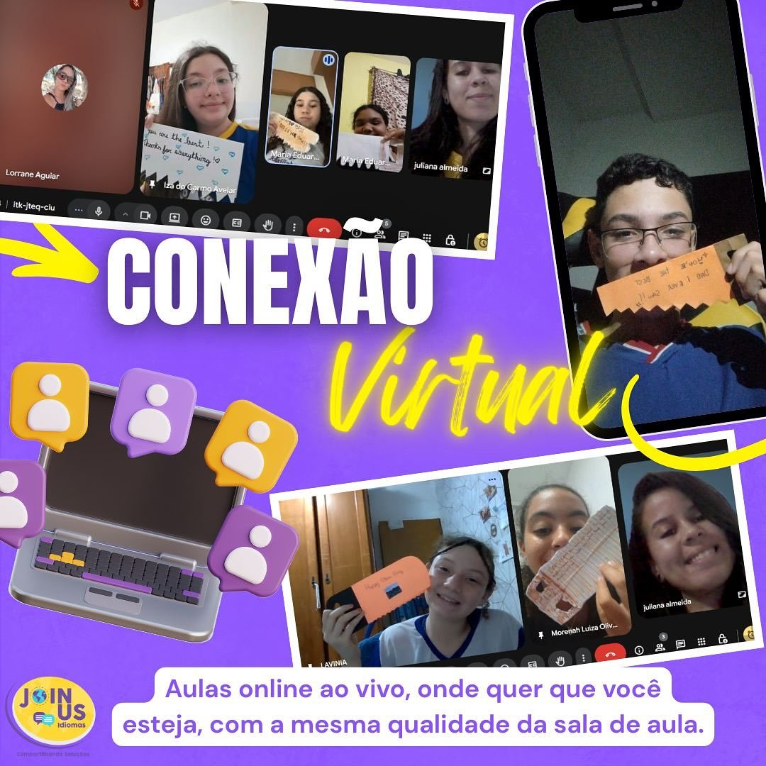 Alunos em aula online ao vivo, com o texto Conexão virtual